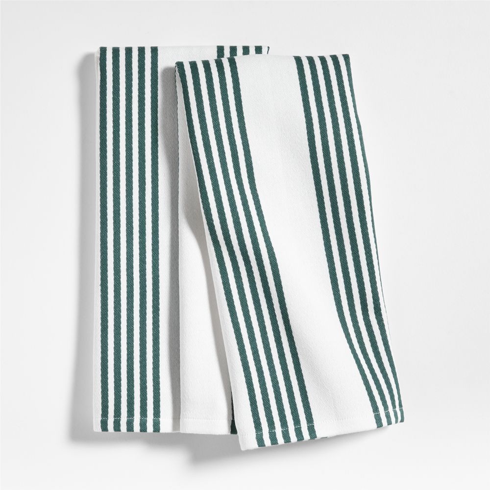 Cuisine White with Green Stripe Organic Cotton Dish Towels, Set of 2