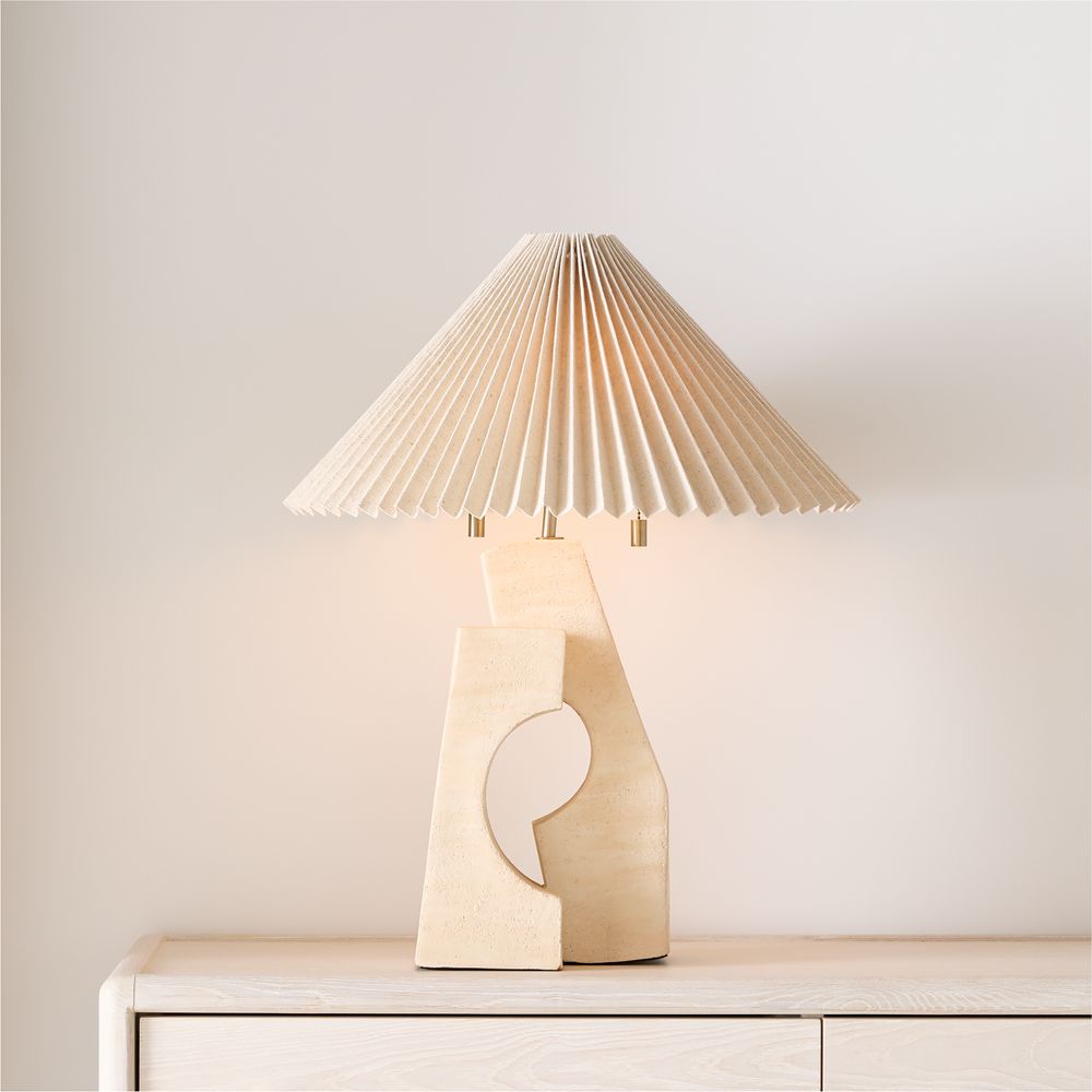 Ruins Cream Ceramic Sculptural Table Lamp with Pleated Shade by Athena Calderone 20"
