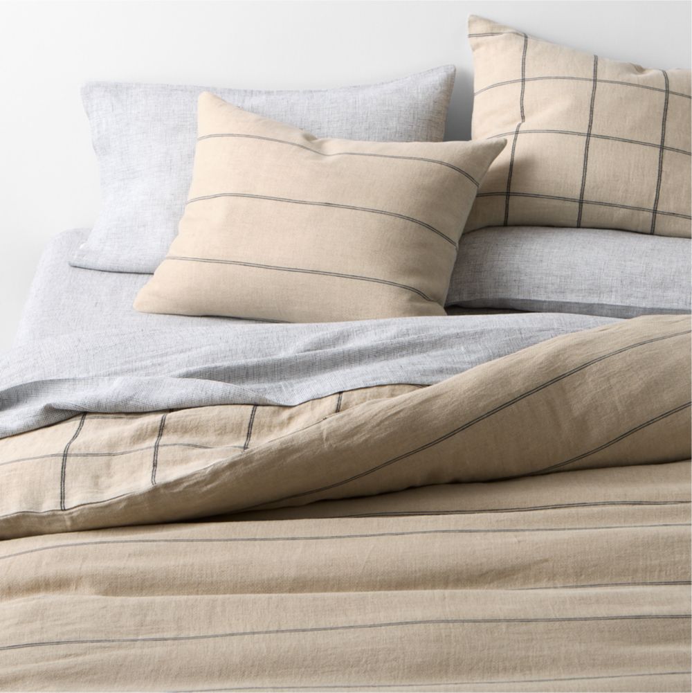 Aire Natural European Linen Pinstripe Arcadia Tan and Midnight Navy Blue Grid Reversible Duvet Cover
