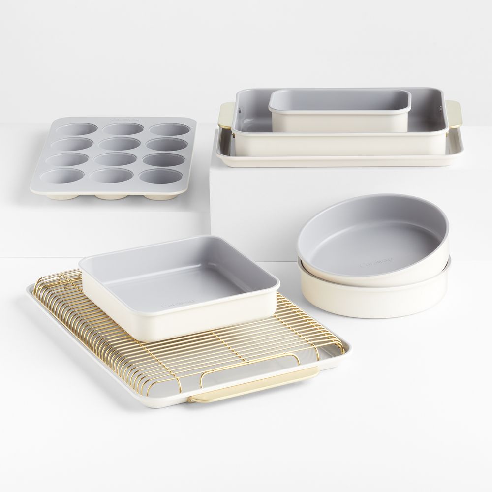 Caraway Cream Ceramic Complete 11-Piece Bakeware Set with Gold Hardware