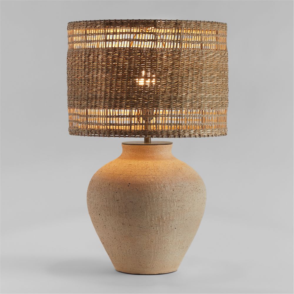 Corfu Cream Table Lamp With Woven Natural Drum Shade 26.6"