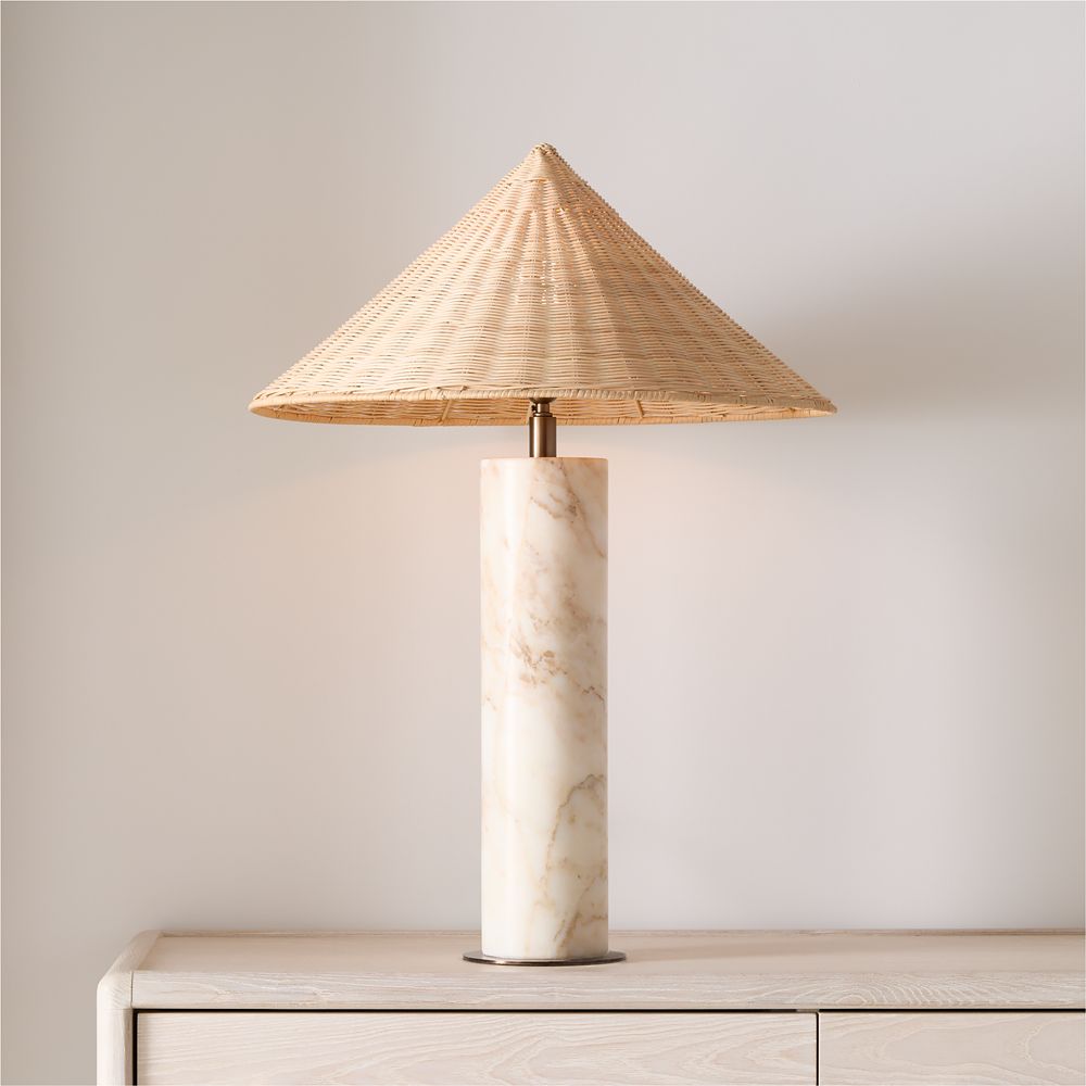 Beachwood Golden Calacatta Marble Table Lamp with Wicker Shade 20.7" by Brigette Romanek