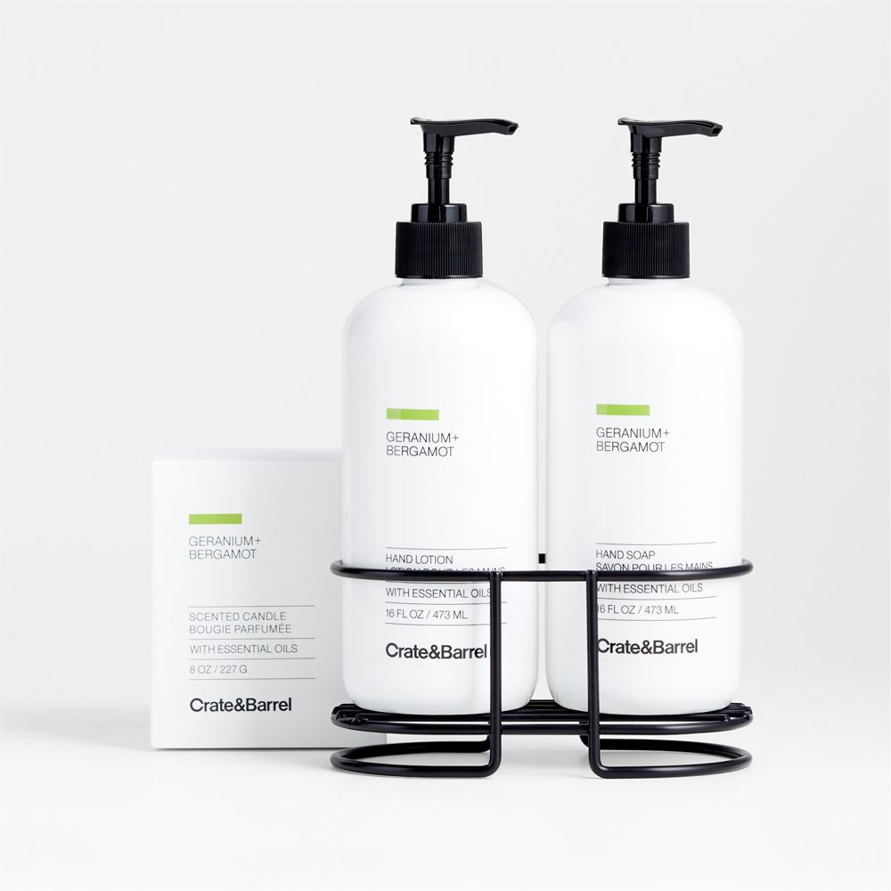 Geranium + Bergamot Candle, Hand Soap & Lotion Gift Set with Matte Black Steel Caddy