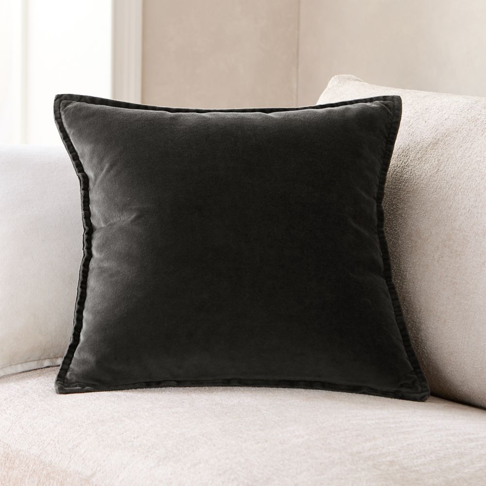 Relaxed Washed Organic Cotton Velvet 20"x20" Ink Black Throw Pillow