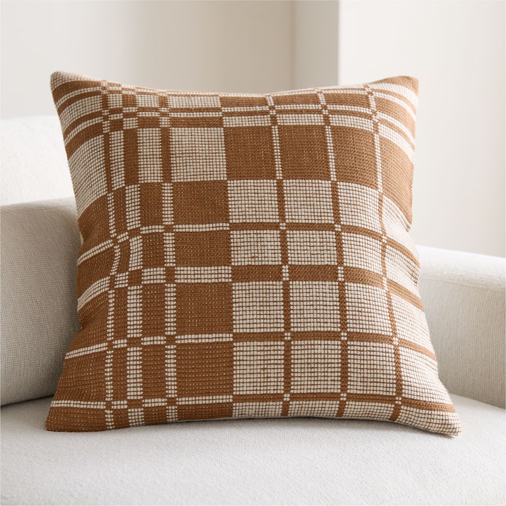 Wool and Linen Blend Plaid 23"x23" Maple Brown Throw Pillow