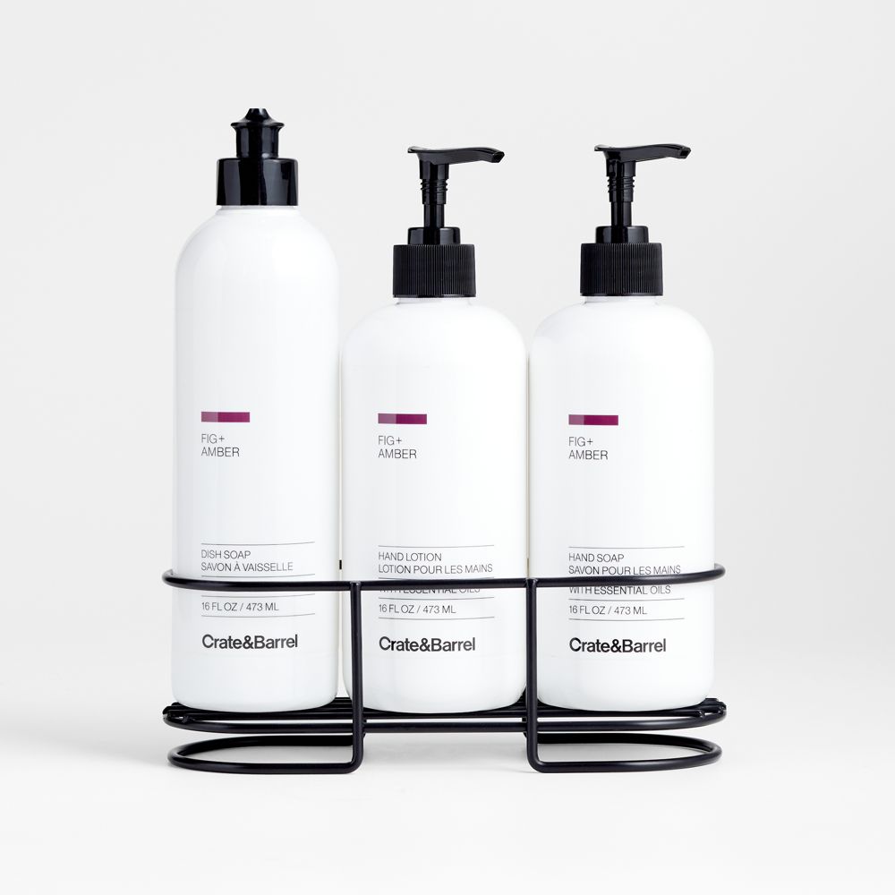 Fig + Amber Dish Soap, Hand Soap & Lotion 4-Piece Set with Matte Black Steel Caddy