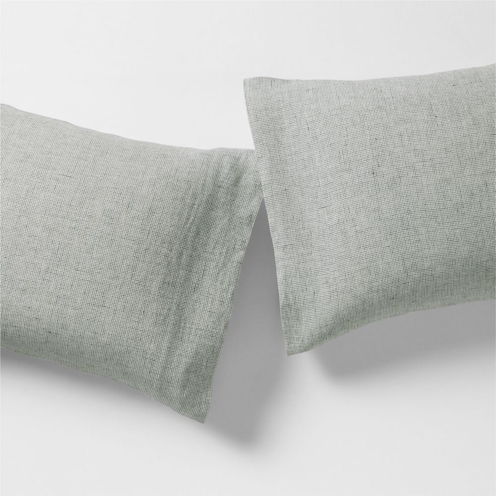 Aire Natural European Linen Burnt Green Grid Pillowcases, Set of 2