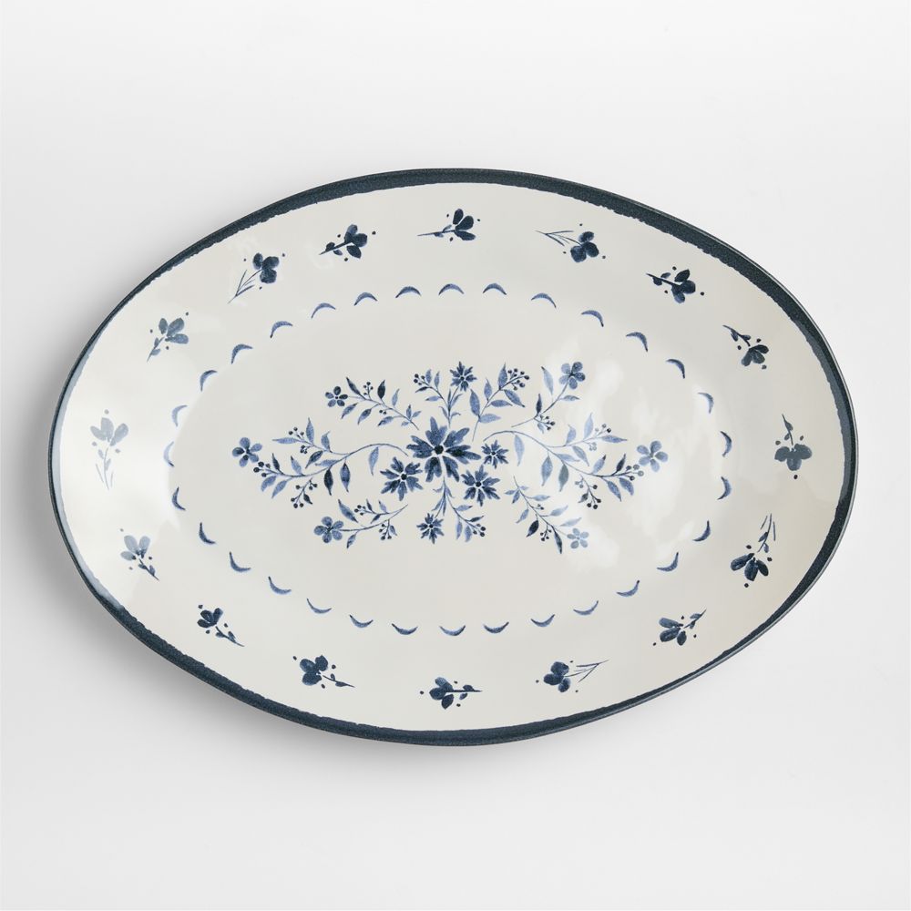 Marin Botanical White and Blue Stoneware Oval Salad Platter