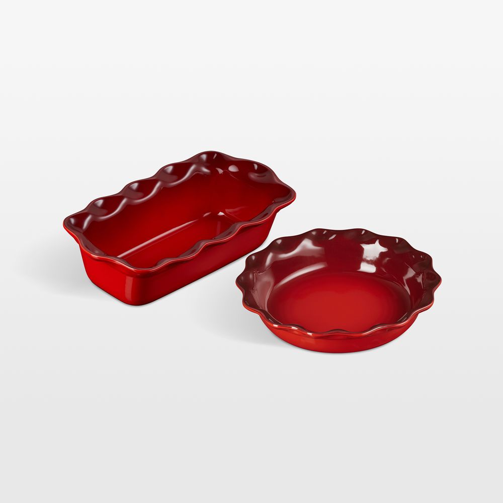 Le Creuset Cerise Fluted Ceramic Pie Dish and Loaf Pan Set