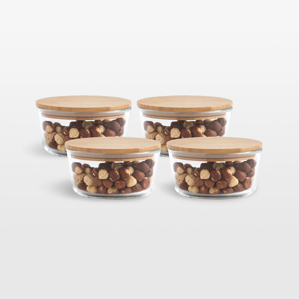Crate & Barrel Round Glass Storage Container with Bamboo Lid, 2-cup, Set of 4
