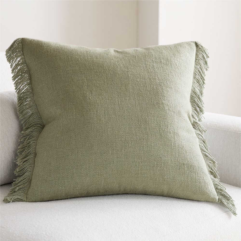 Casual Textured Fringe 23"x23" Shadow Sage Green Throw Pillow