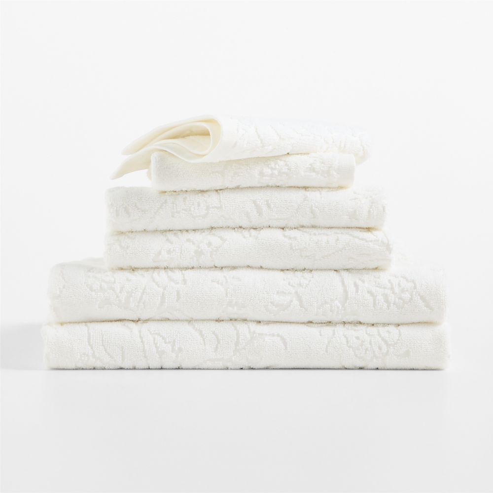 Floral Jaquard Organic Cotton Crisp White Bath Towels, Set of 6