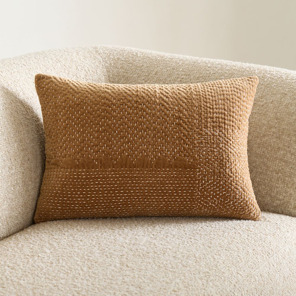 Sashiko Organic Cotton Velvet 22"x15" Camel Tan Throw Pillow