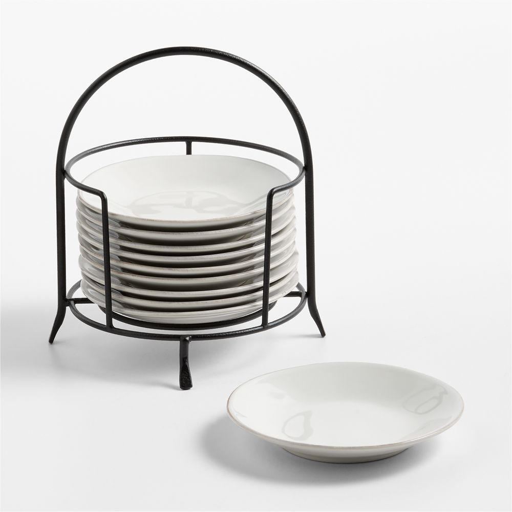 Marin White Round Stoneware Appetizer Plates with Black Stand, Set of 10