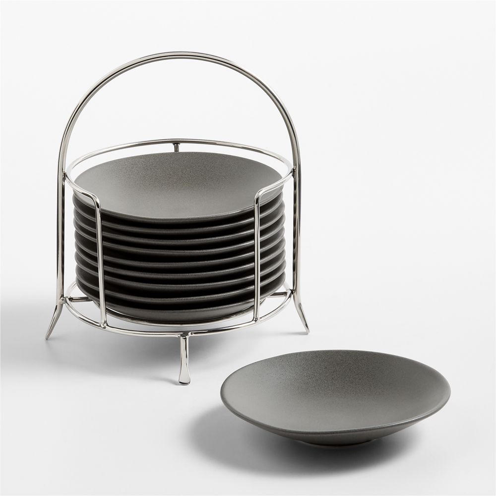 Craft Charcoal Round Stoneware Appetizer Plates with Stainless Steel Stand, Set of 10