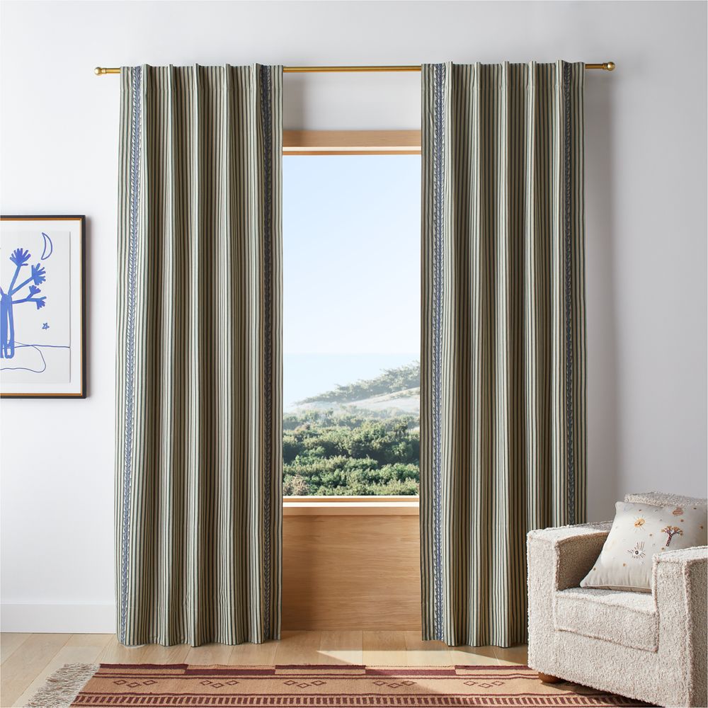 Charles Street Shade Green Embroidered Yarn-Dyed Organic Cotton Blackout Window Curtain Panel by Jeremiah Brent