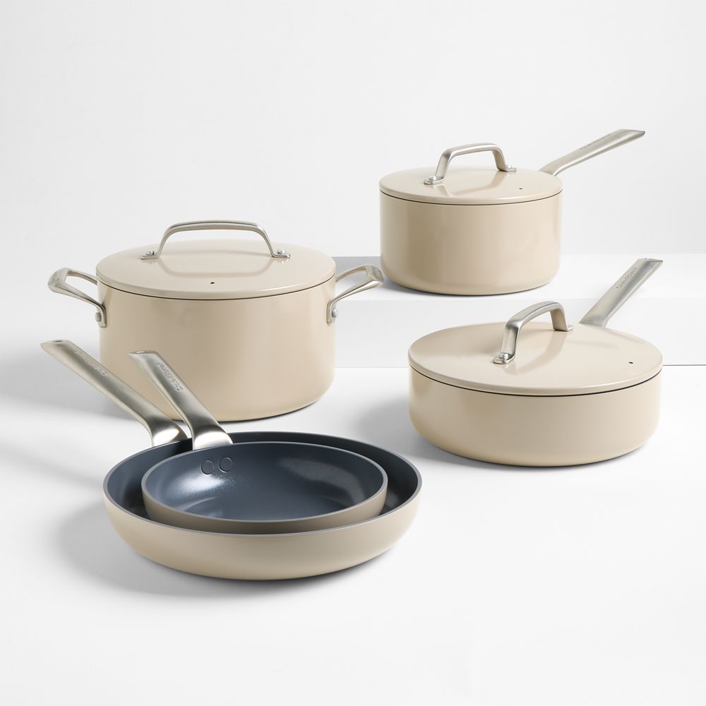Crate & Barrel EvenCook Ceramic Taupe Nonstick 8-Piece Cookware Set with Bonus