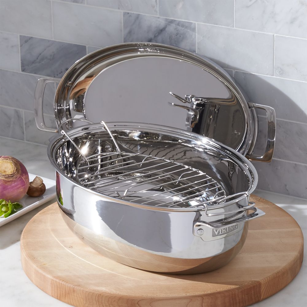 Viking 18.5" Stainless Steel Oval Roasting Pan with Rack and 3-in-1 Lid