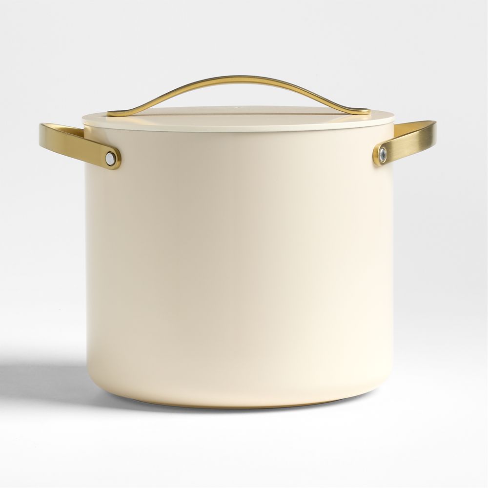 Caraway Cookware Plus Cream Ceramic 12-Qt. Stock Pot with Gold Hardware