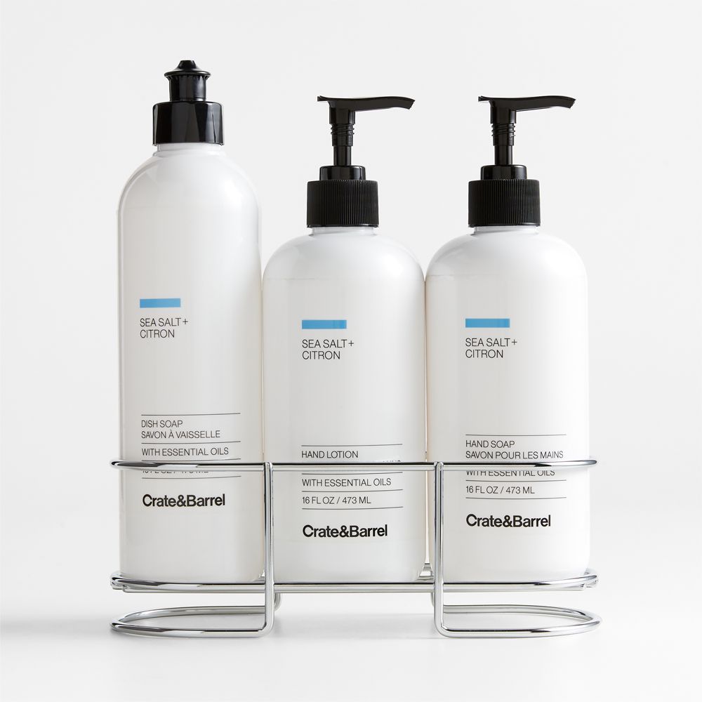 Sea Salt + Citron Dish Soap, Hand Soap & Lotion 4-Piece Set with Polished Stainless Steel Caddy
