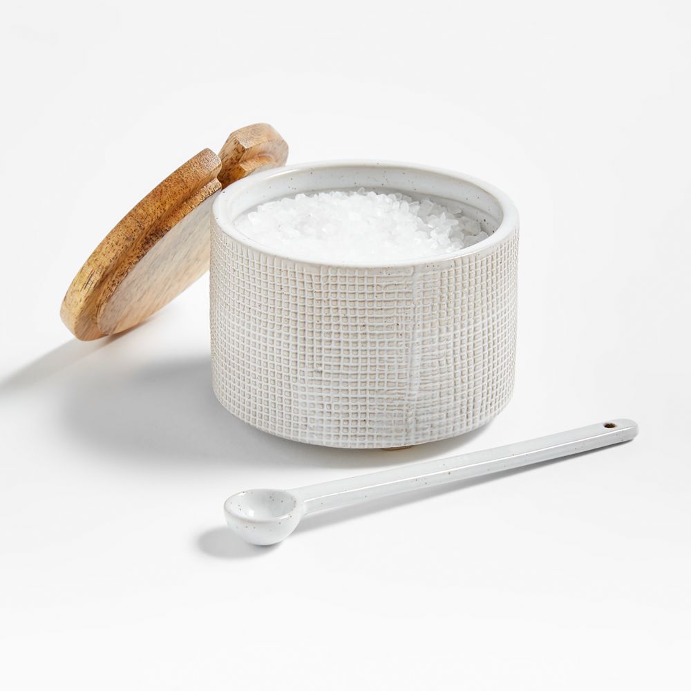 Ena Stoneware Salt Cellar with Spoon and FSC Acacia Wood Lid