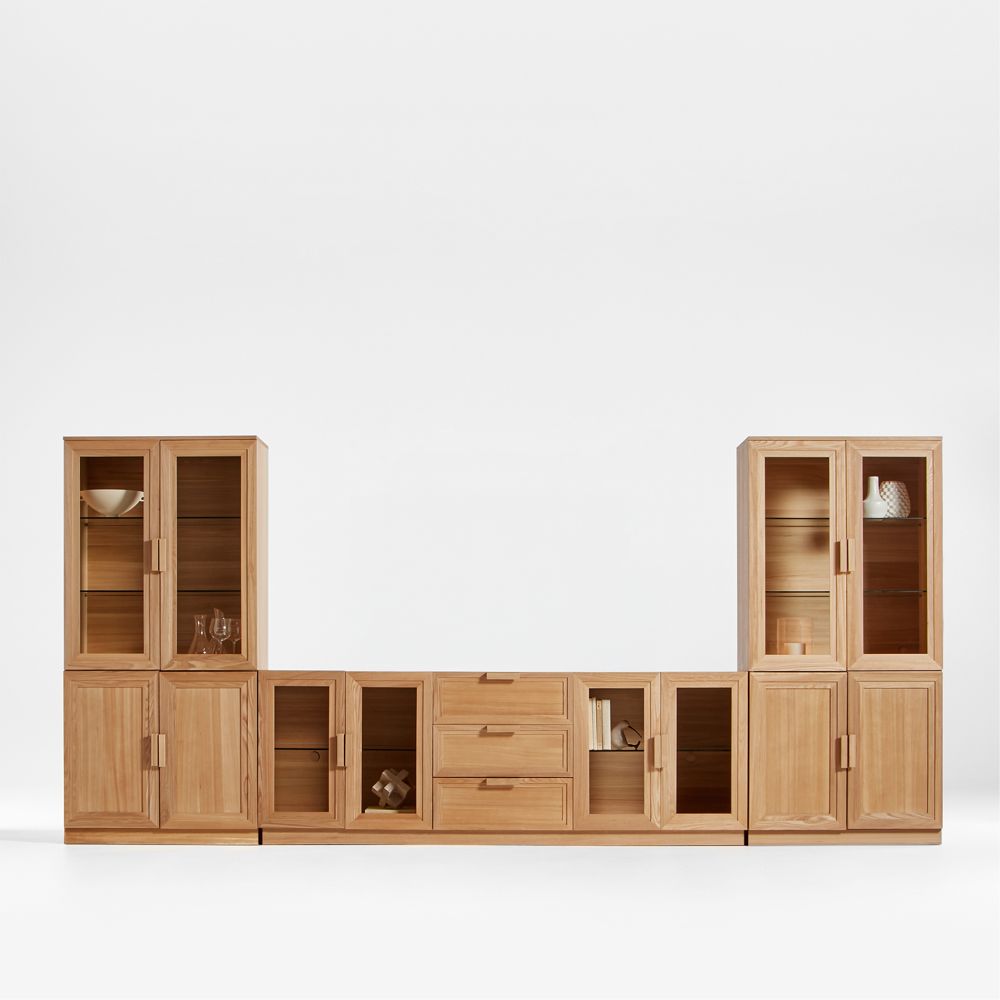 Calypso 162" Natural Wood Media Console Set with Glass and Wood Storage Cabinet