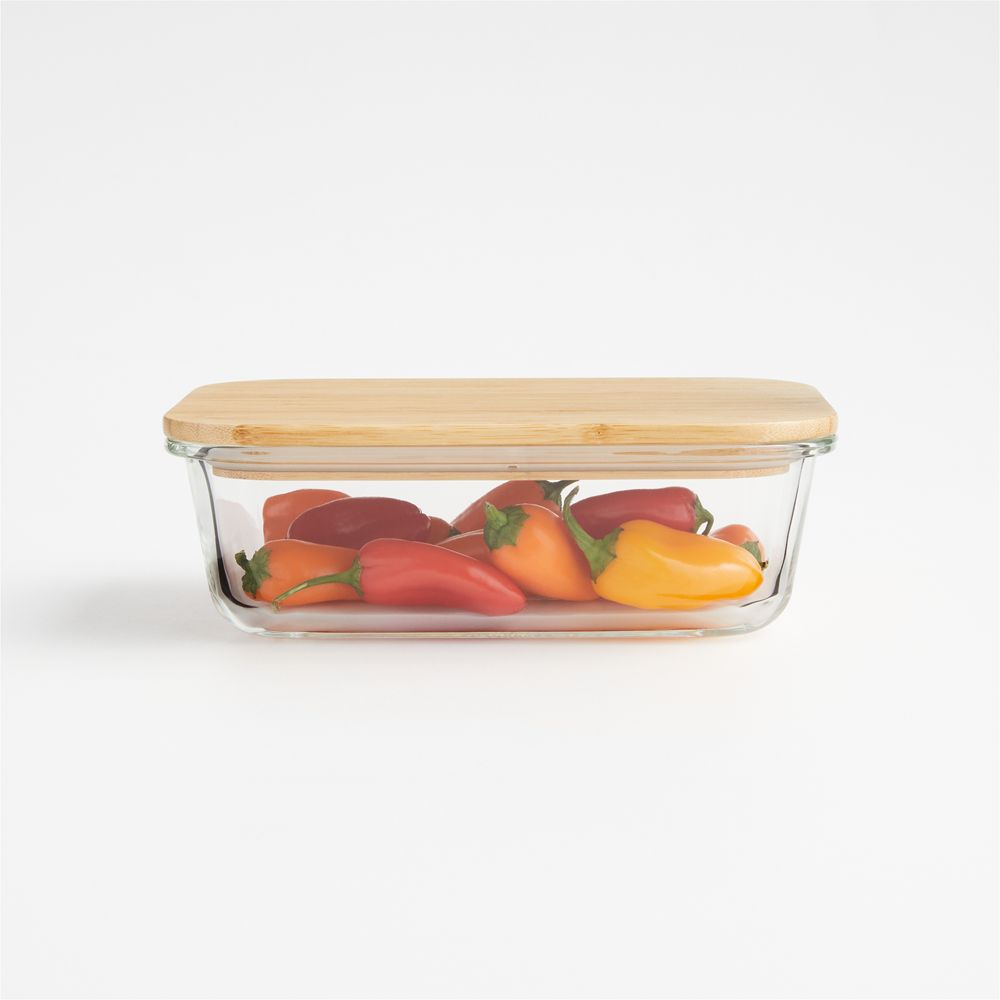 Crate & Barrel Rectangular Glass Storage Container with Bamboo Lid, 4-cup