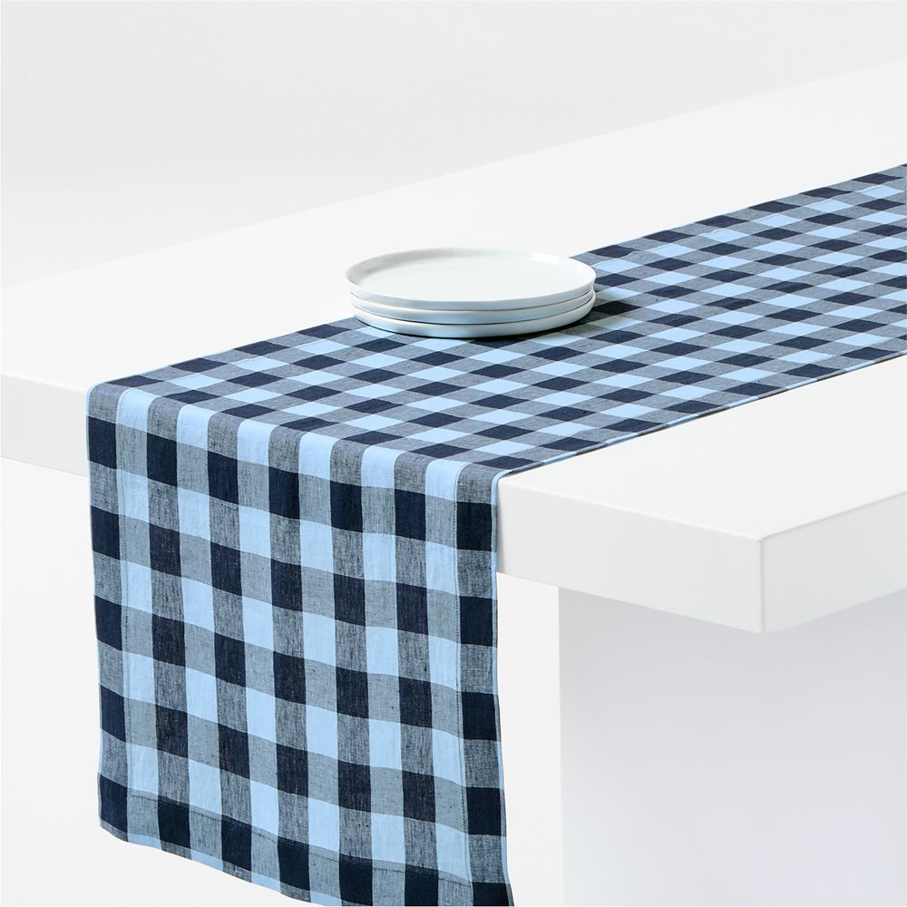 Marin 120" EUROPEAN FLAX-Certified Linen Blue Buffalo Check Table Runner