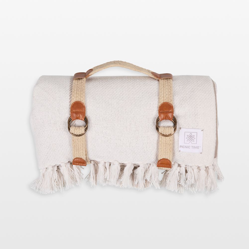 Montecito White & Brown Outdoor Picnic Blanket with Carrying Handles