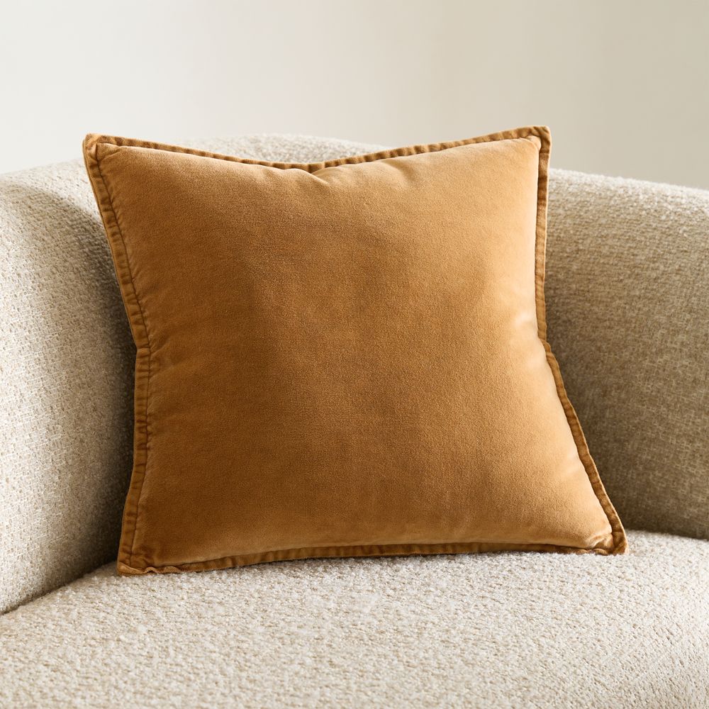 Relaxed Washed Organic Cotton Velvet 20"x20" Cognac Throw Pillow
