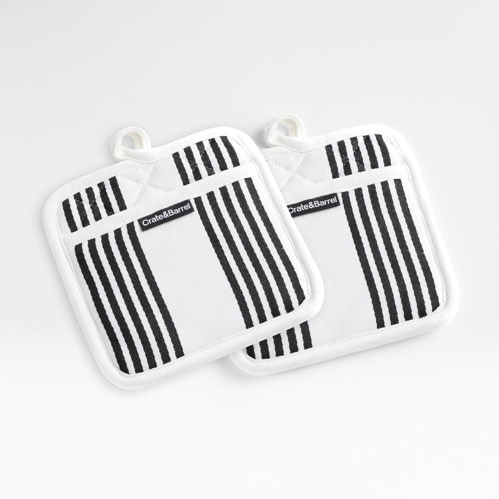 Cuisine Stripe Black Organic Cotton Pot Holders, Set of 2