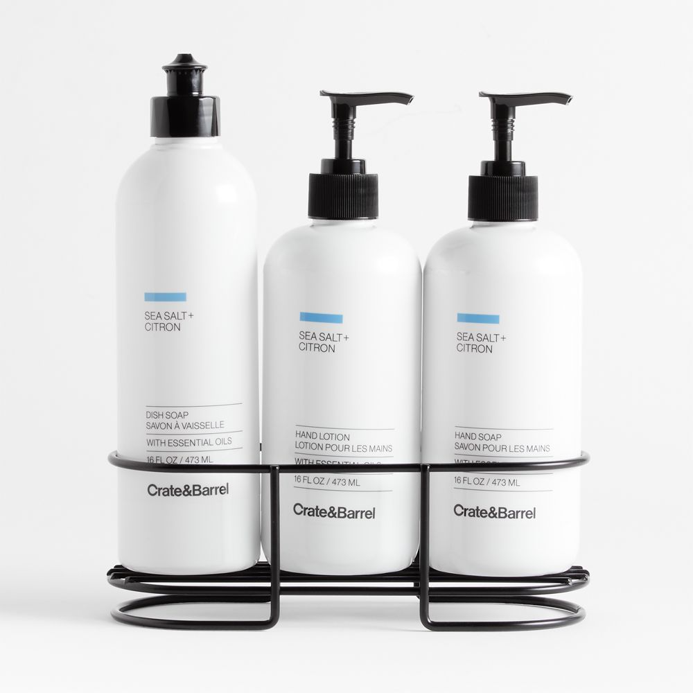 Sea Salt + Citron Dish Soap, Hand Soap & Lotion 4-Piece Set with Matte Black Steel Caddy