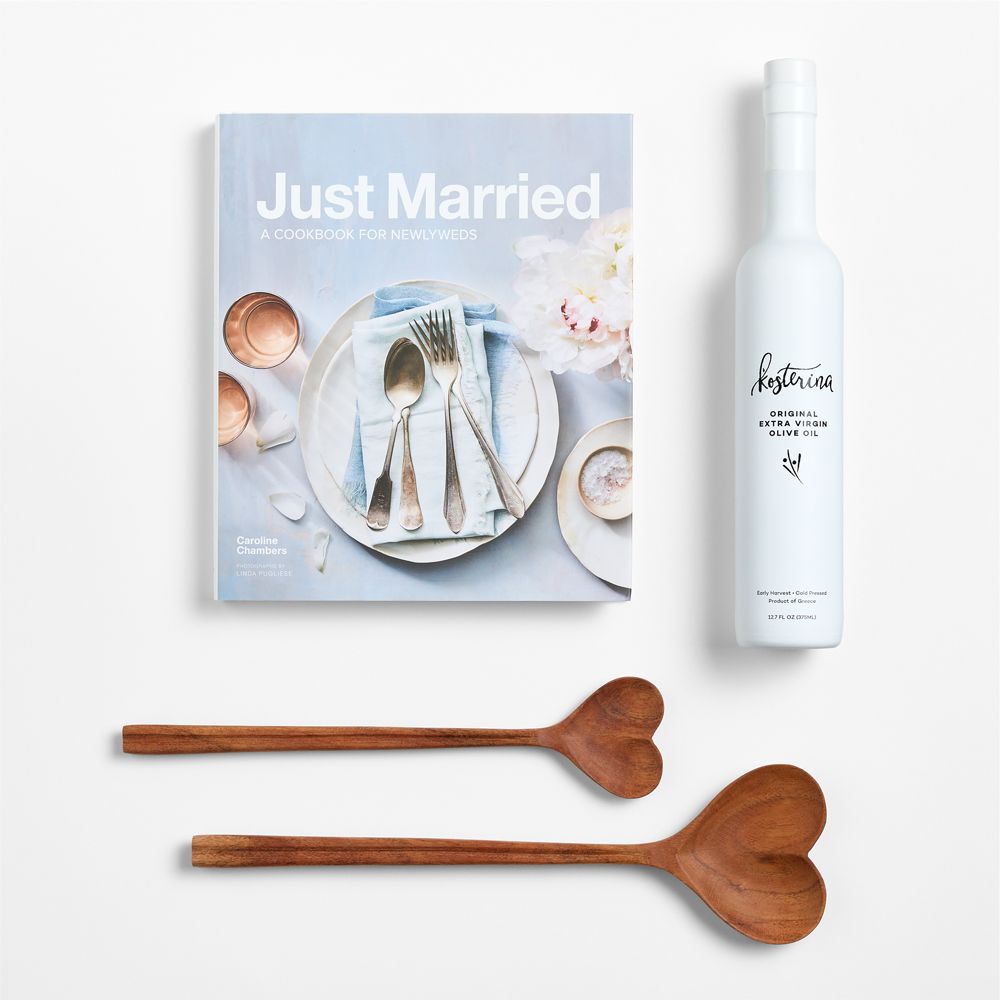 Just Married Cookbook, Kosterina Extra Virgin Olive Oil, and Heart Utensils Gift Set