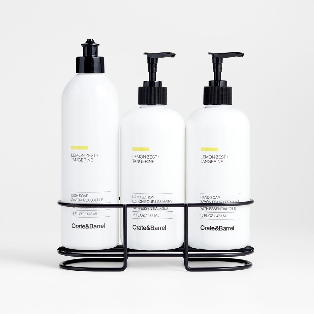 Lemon Zest + Tangerine Dish Soap, Hand Soap & Lotion 4-Piece Set with Matte Black Steel Caddy