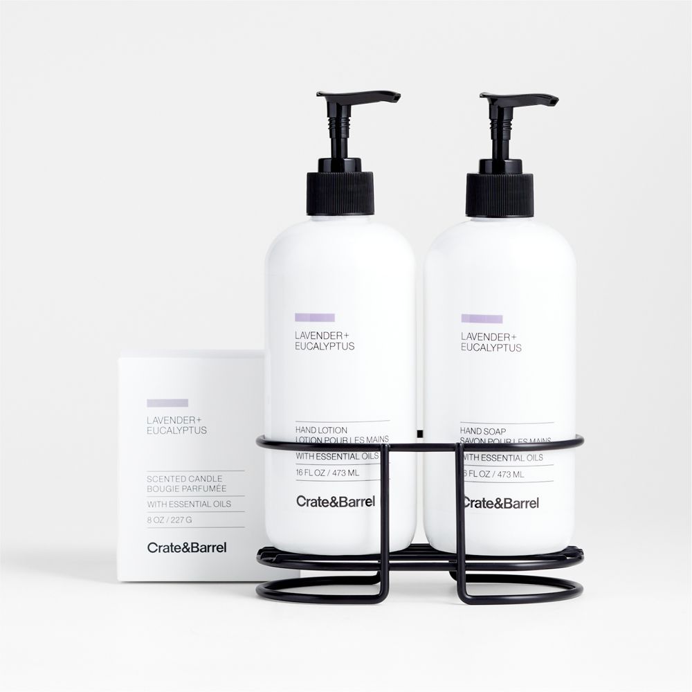 Lavender + Eucalyptus Candle, Hand Soap & Lotion Gift Set with Matte Black Steel Caddy