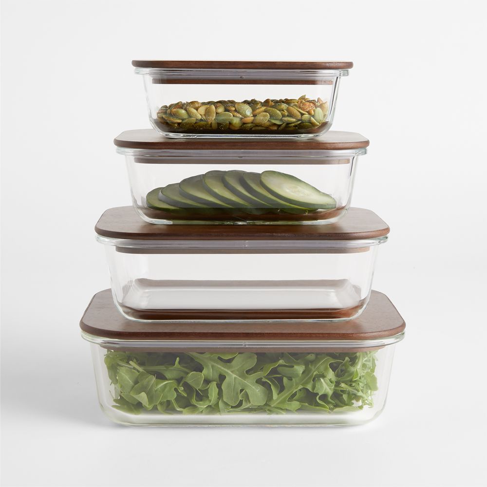 Crate & Barrel 8-Piece Rectangular Glass Food Storage Container Set with Dark Acacia Wood Lids