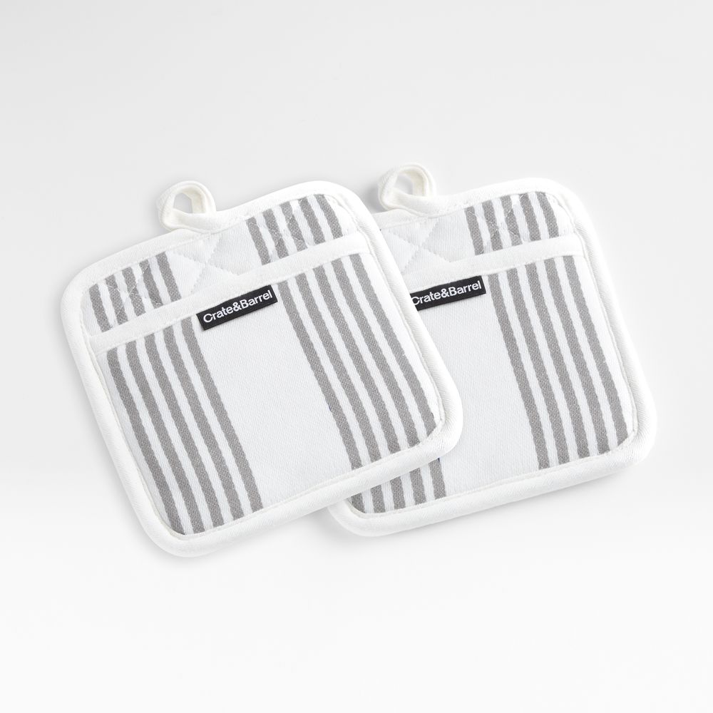 Cuisine Stripe Grey Organic Cotton Pot Holders, Set of 2