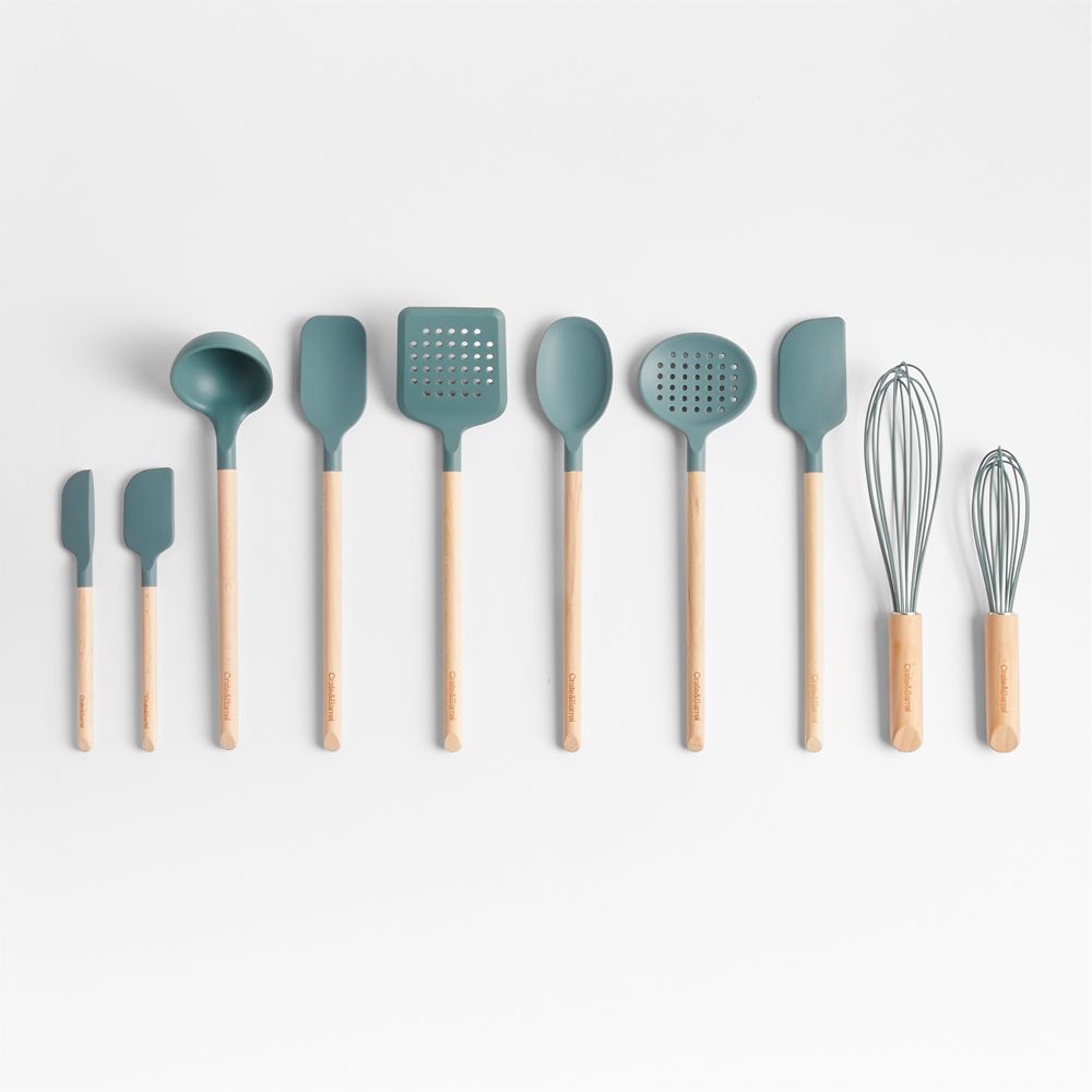 Crate & Barrel Deep Sage Green Silicone and Wood Utensils