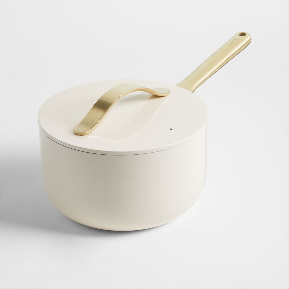 Caraway Cream 3-Qt. Ceramic Nonstick Saucepan with Gold Hardware