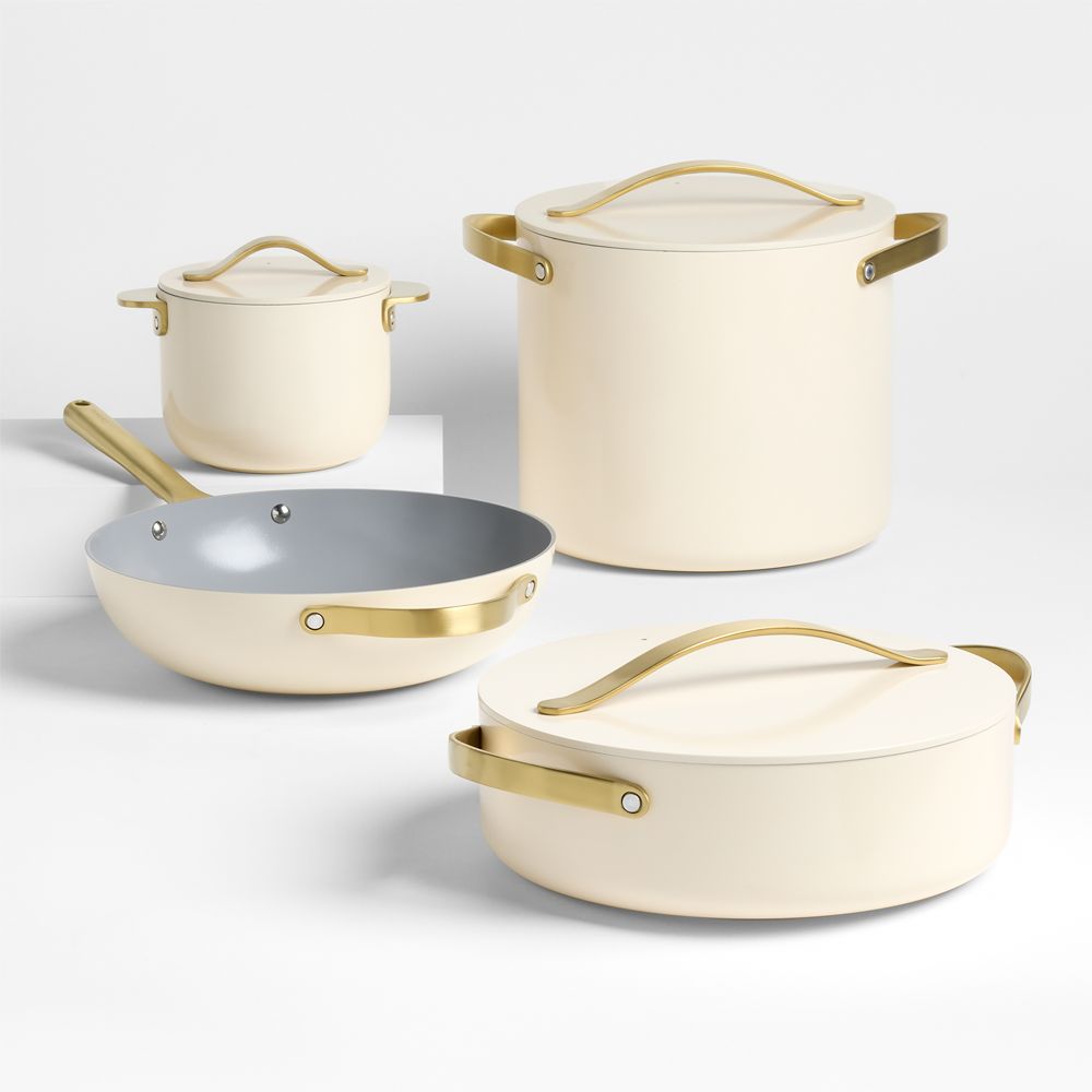 Caraway Cookware+ Cream Ceramic Nonstick 8-Piece Cookware Set with Gold Hardware