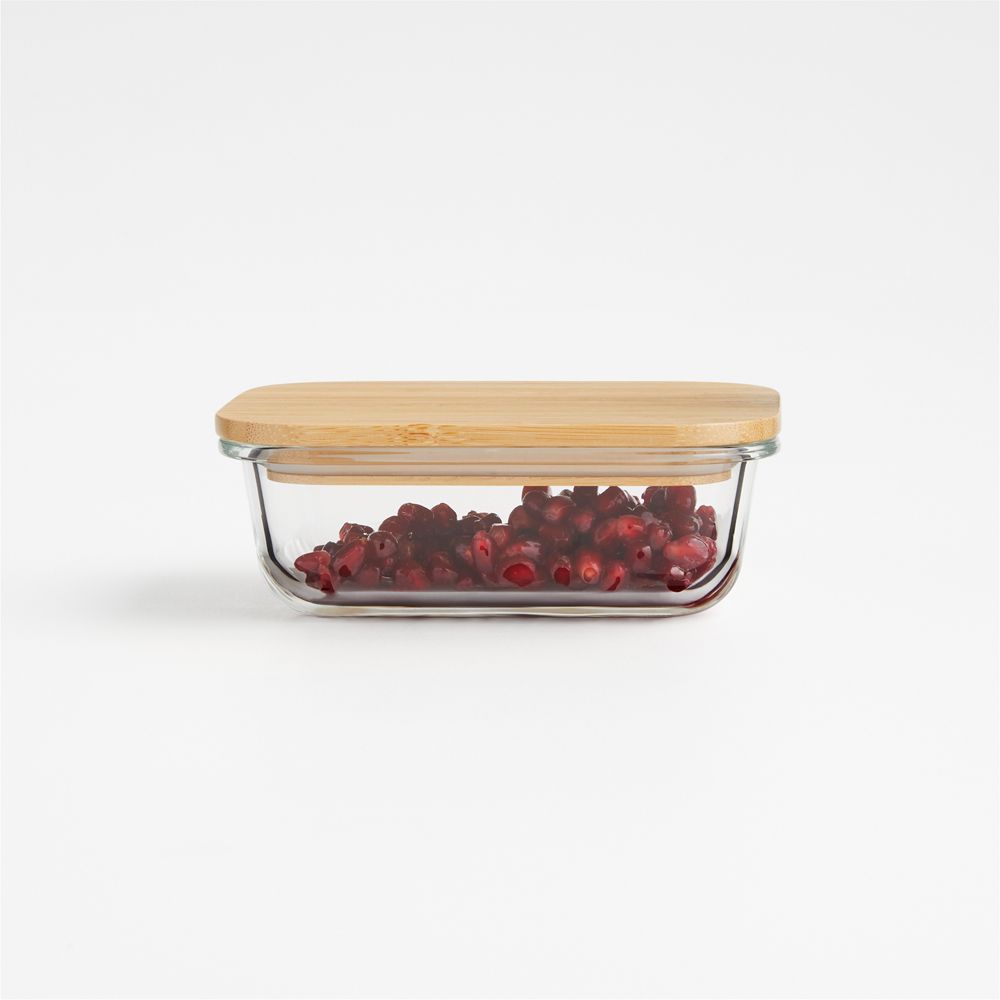Crate & Barrel Rectangular Glass Storage Container with Bamboo Lid, 1-cup