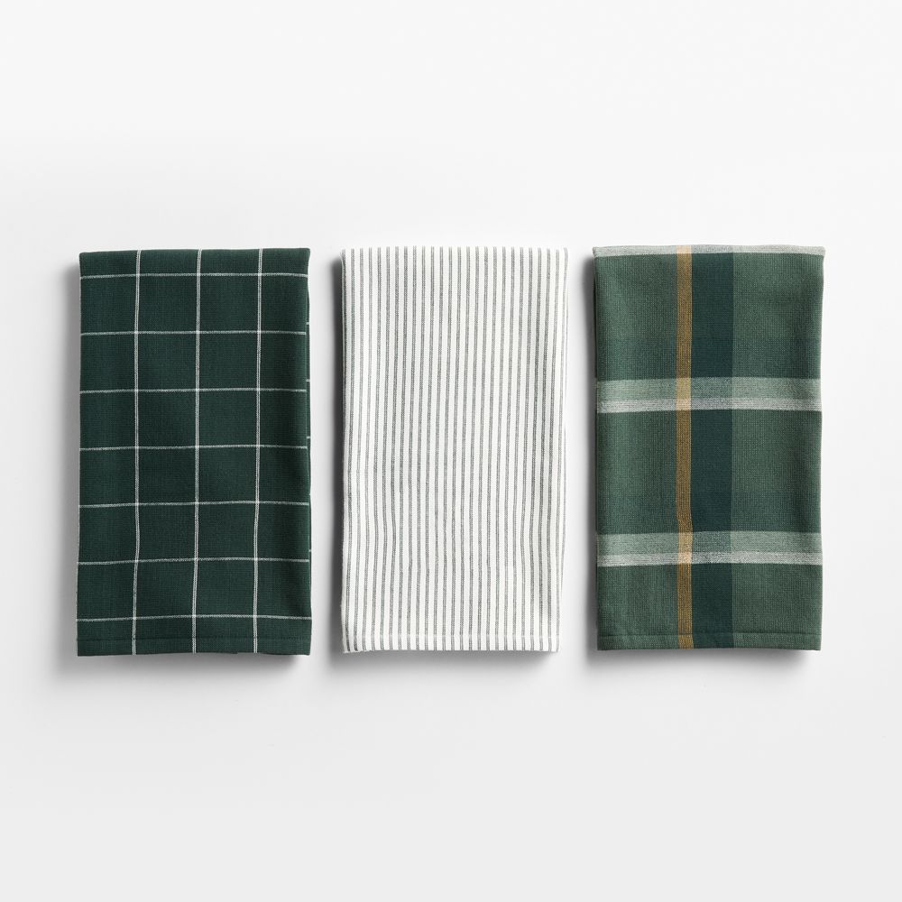 Holiday Green Plaid and Stripe Organic Cotton Absorbent Terry Dish Towel, Set of 2