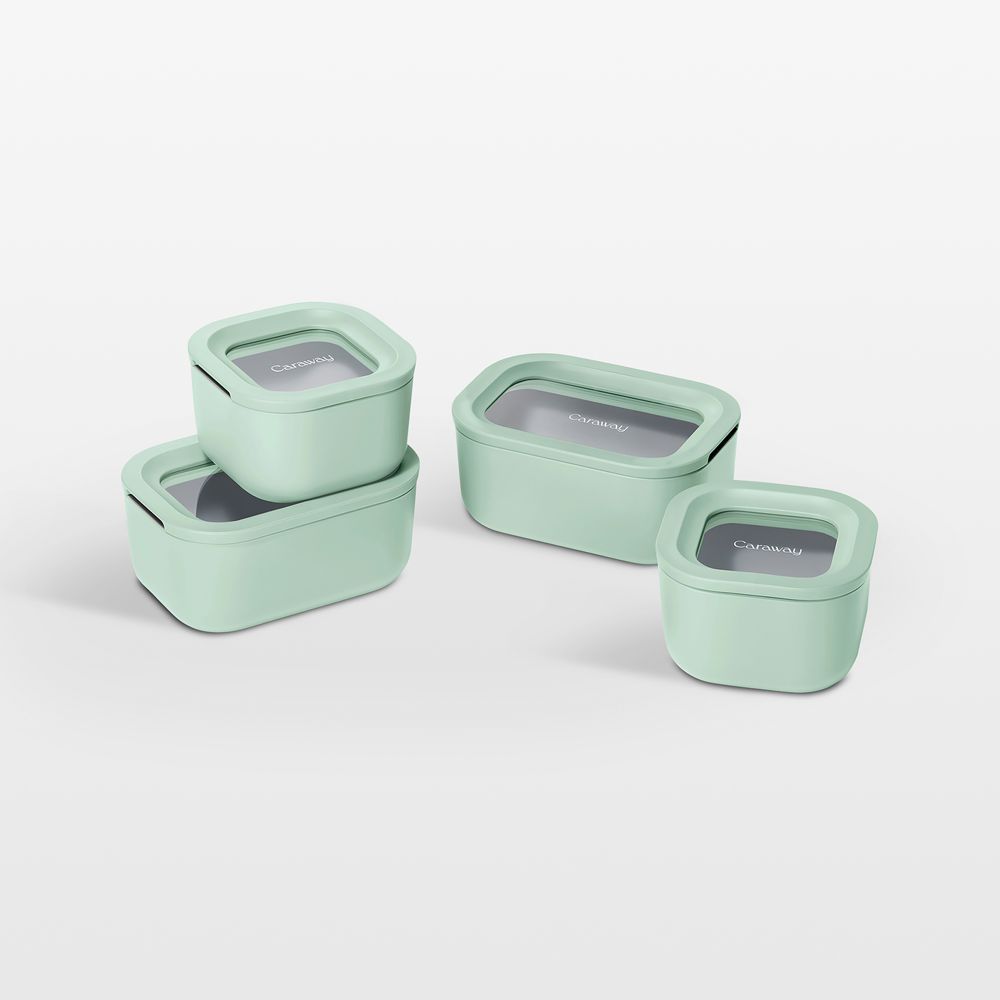 Caraway Mist Mini 9-Piece Ceramic-Coated Glass Food Storage Container Set with Glass-Silicone Lids