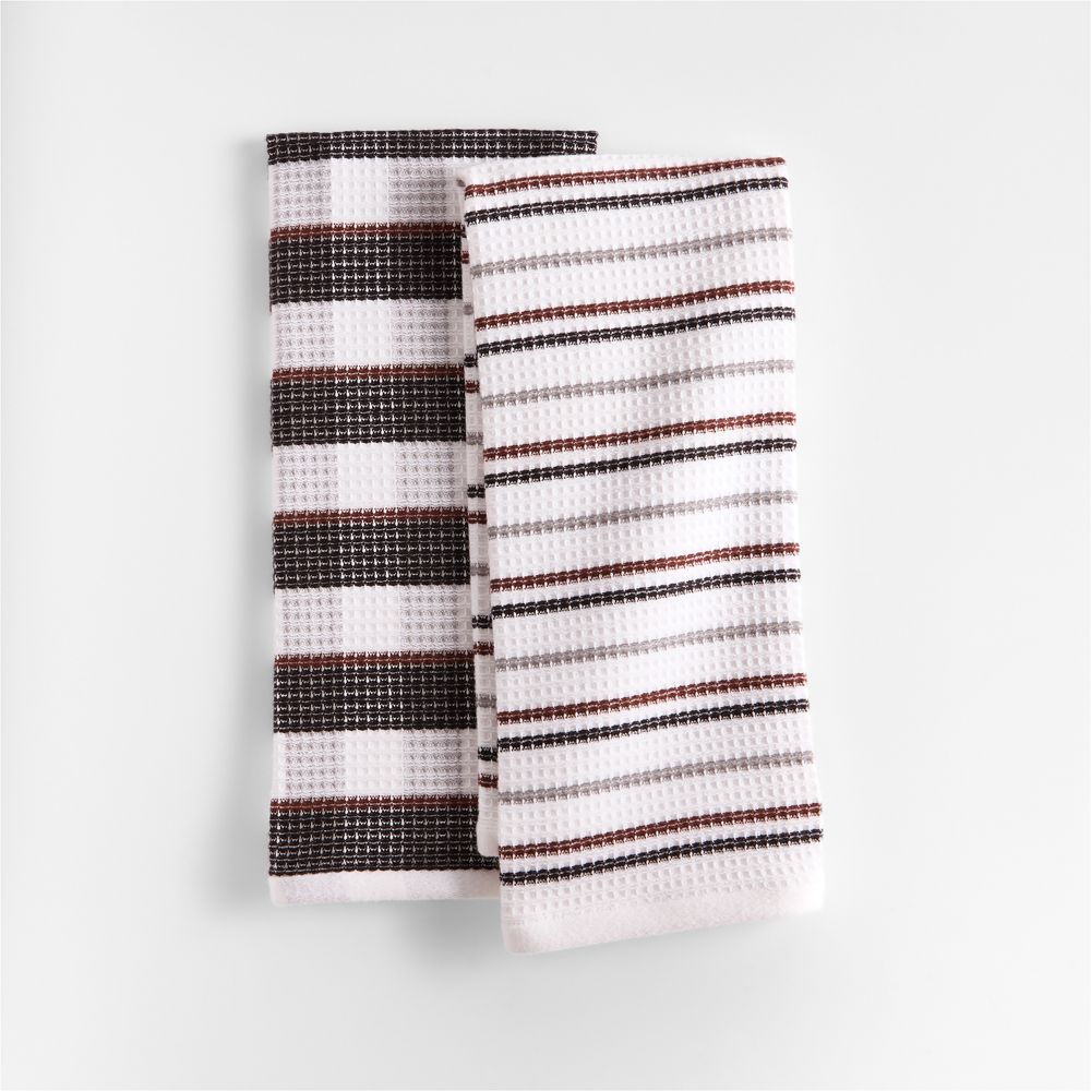 Waffle-Terry Plaid & Stripe Black Organic Cotton Kitchen Towels, Set of 2