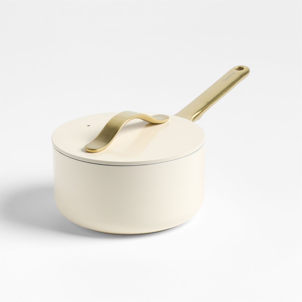 Caraway Cream 1.75-Qt. Ceramic Nonstick Mini Saucepan with Gold Hardware
