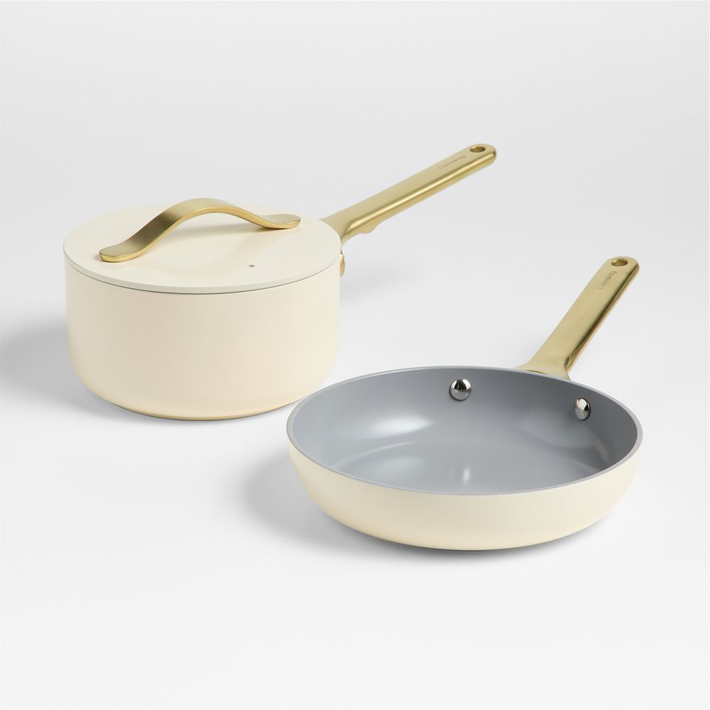 Caraway Cream Ceramic Nonstick Mini Fry Pan & Sauce Pan Cookware Duo with Gold Hardware