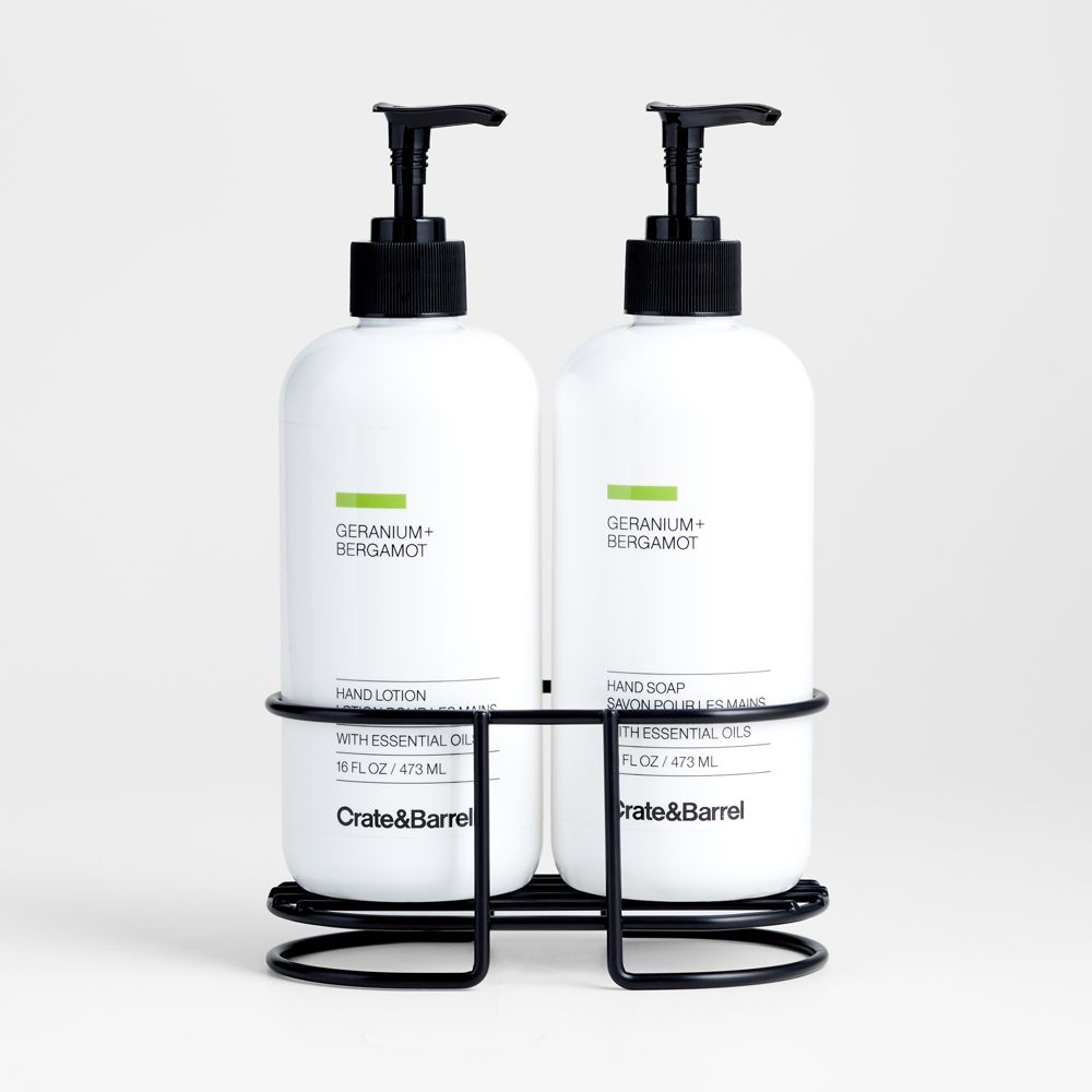 Geranium + Bergamot Hand Soap & Lotion 3-Piece Set with Matte Black Steel Caddy