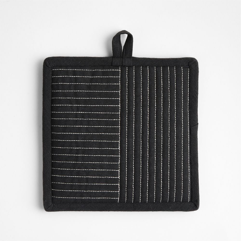 Crate & Barrel Hanno Black Embroidered Organic Cotton Pot Holder