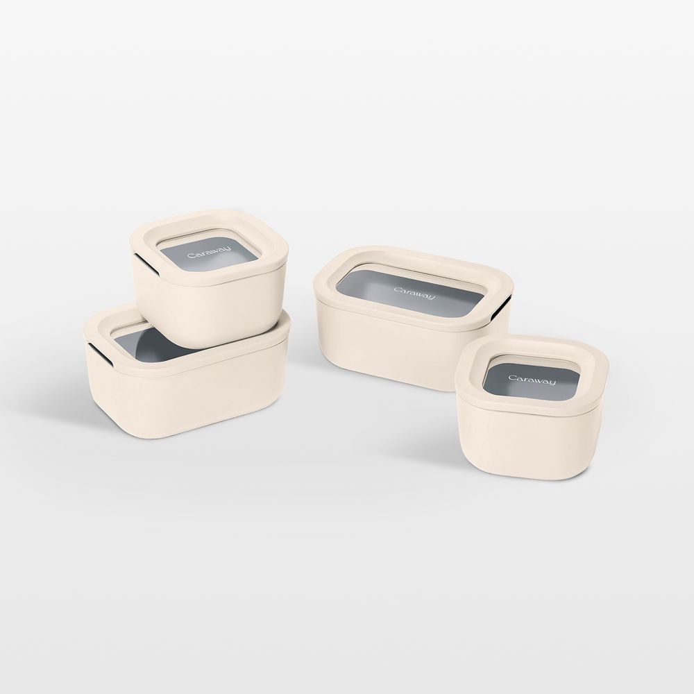 Caraway Cream Mini 9-Piece Ceramic-Coated Glass Food Storage Container Set with Glass-Silicone Lids