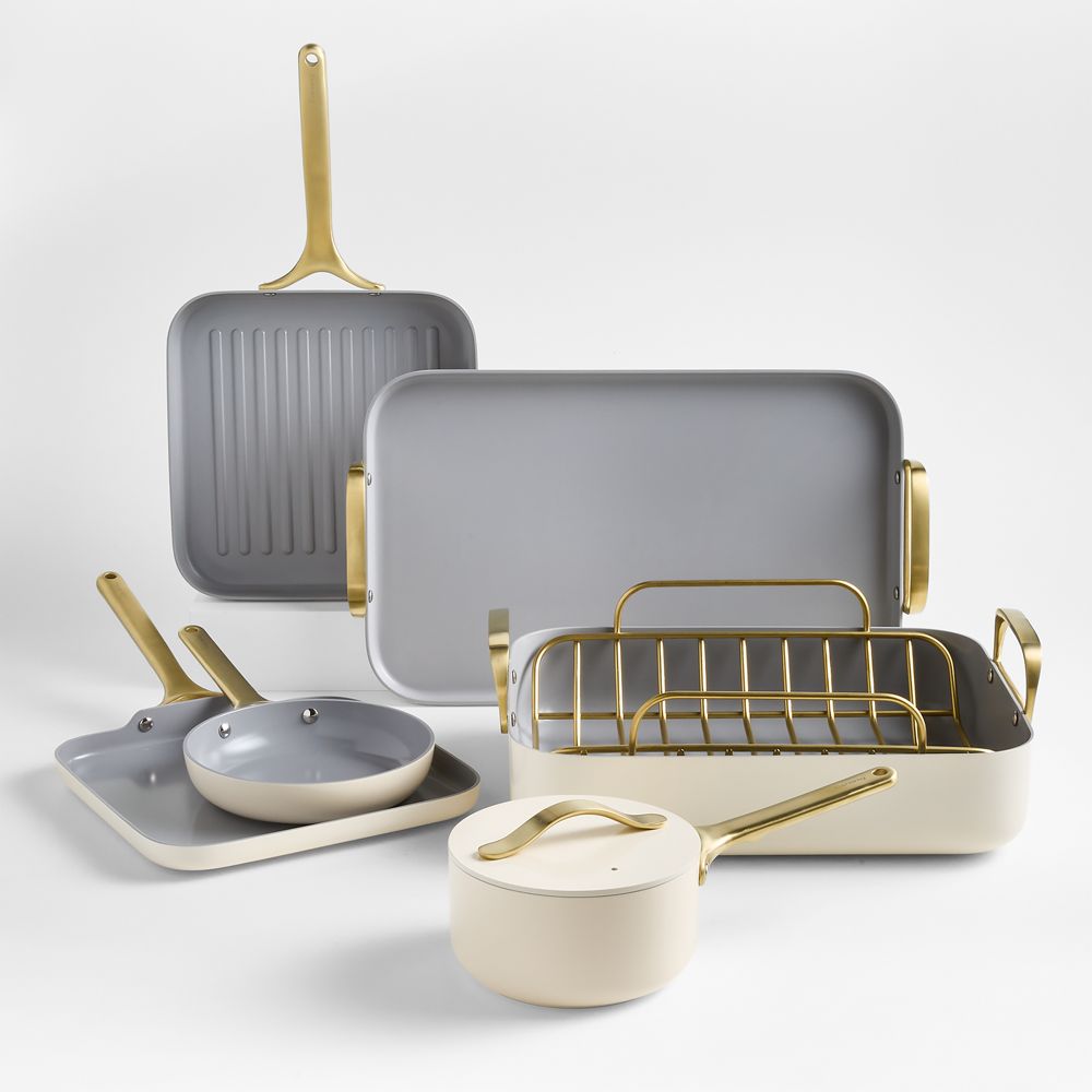 Caraway Cream Ceramic Nonstick 7-Piece Cookware Set with Gold Hardware